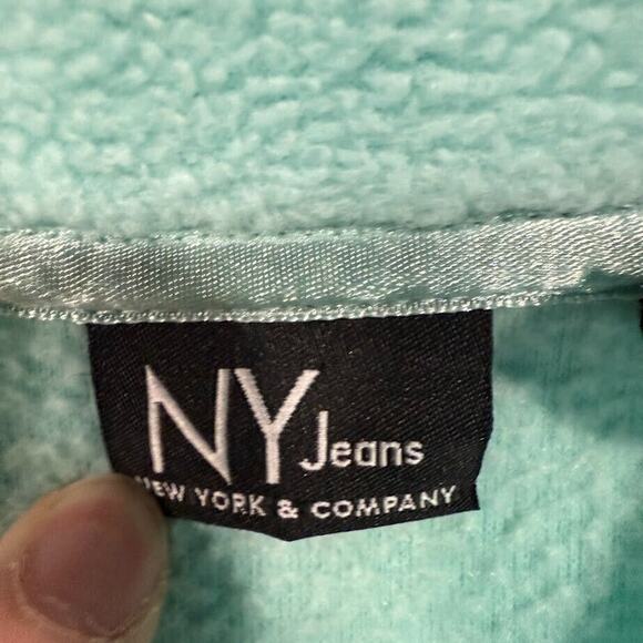 NY Jeans Women's Teal Fleece Pullover L Half Zip Mock Neck Kangaroo Pocket - Picture 4 of 7